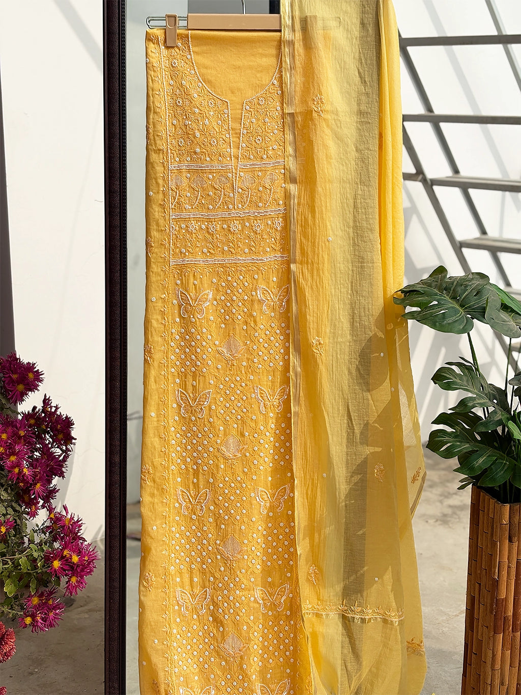 Vayra Mul Chanderi Chikankari Kurti Piece with Dupatta - Yellow