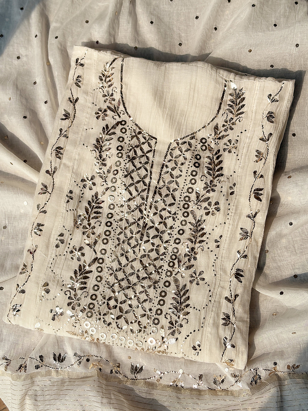 Vini Mul Chanderi Unstitched Kurti Piece with Dupatta - White