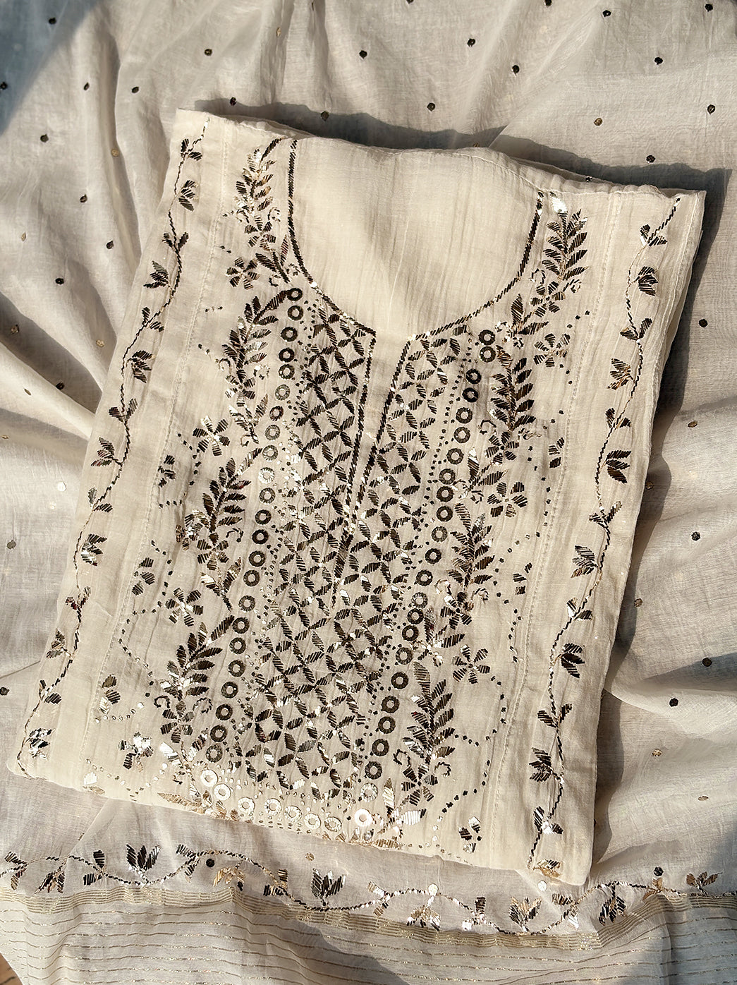 Vini Mul Chanderi Unstitched Kurti Piece with Dupatta - White