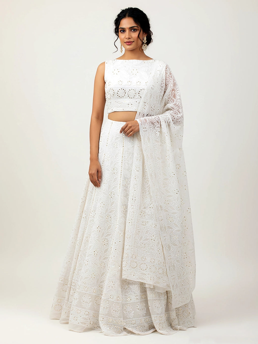 White Aira Viscose Chikankari Lehenga Set