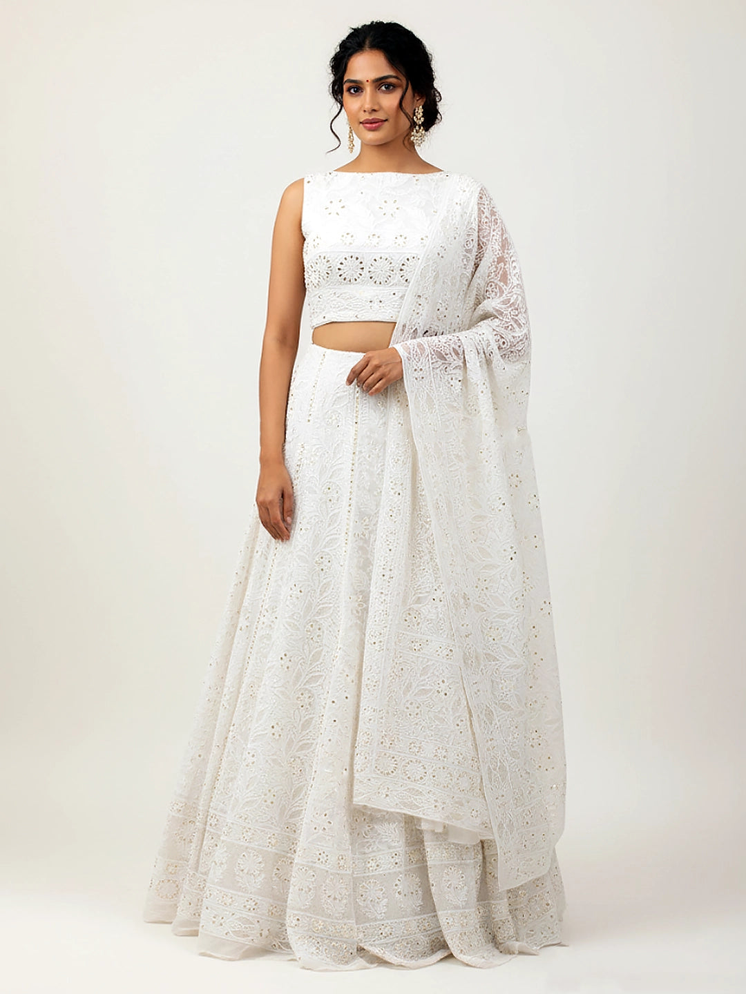 White Aira Viscose Chikankari Lehenga Set