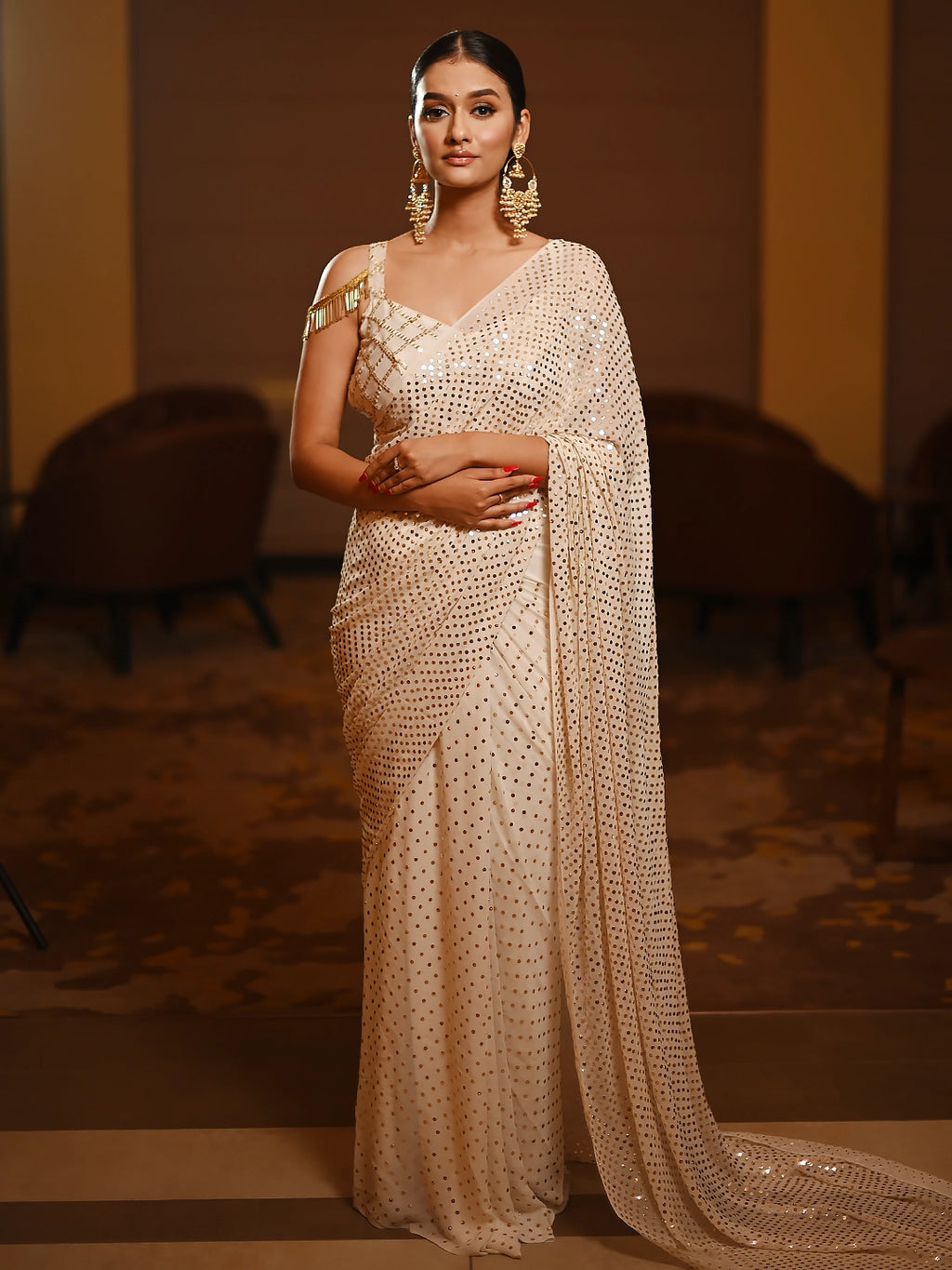 White Pure Georgette All Over Mukaish Jaal Saree