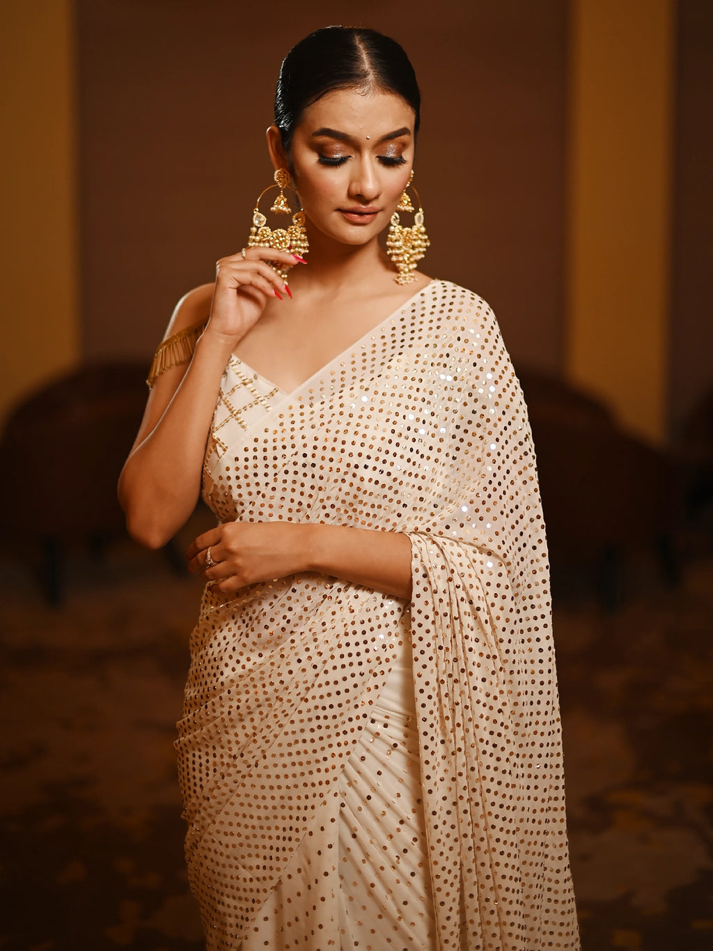 White Pure Georgette All Over Mukaish Jaal Saree