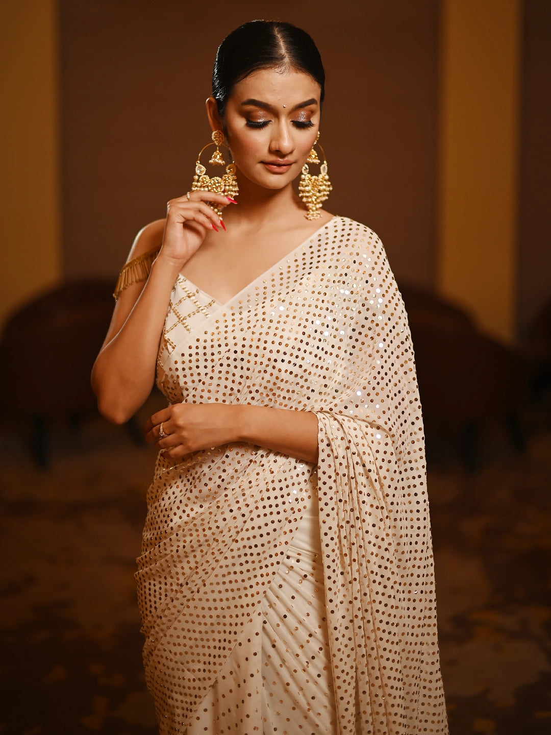 White Pure Georgette All Over Mukaish Jaal Saree
