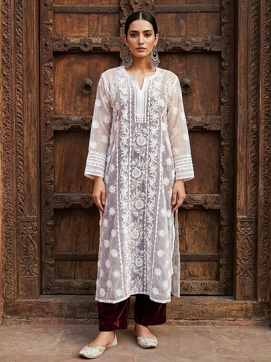 Avya Organza Chikankari Kurta - White