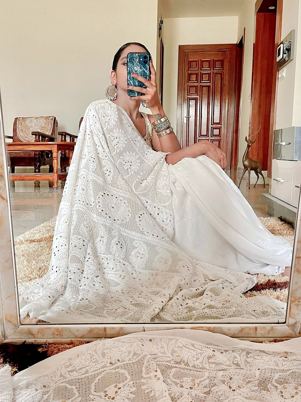 White Begum Viscose Chikankari Embroidered Saree