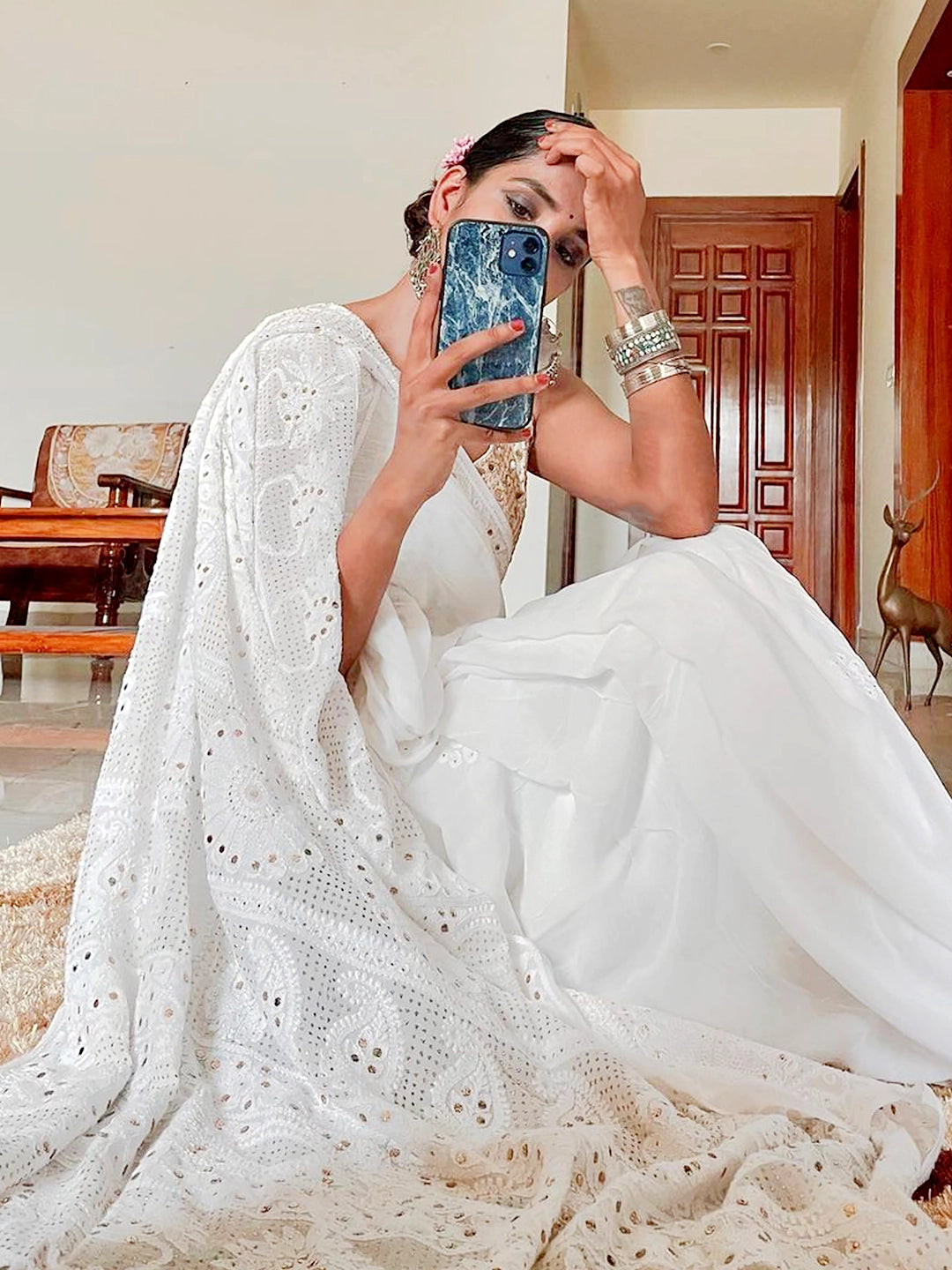 White Begum Viscose Chikankari Embroidered Saree