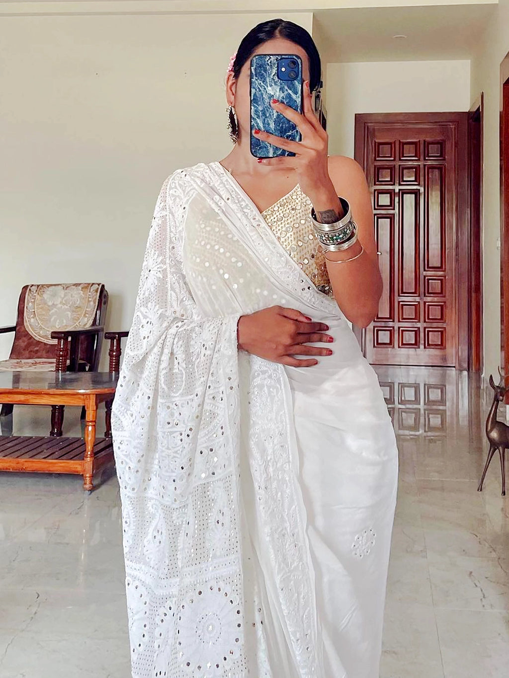 White Begum Viscose Chikankari Embroidered Saree