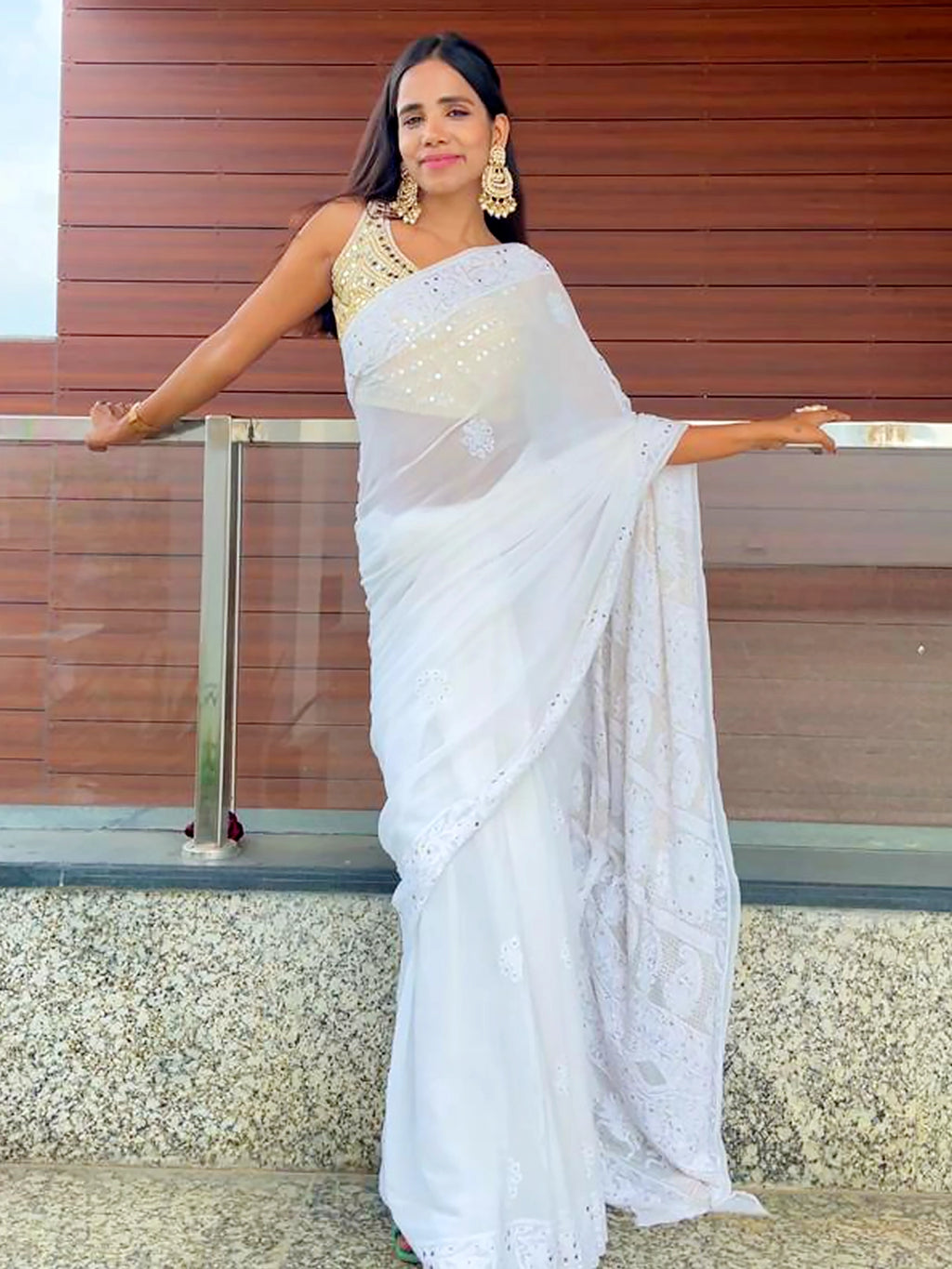 White Begum Viscose Chikankari Embroidered Saree