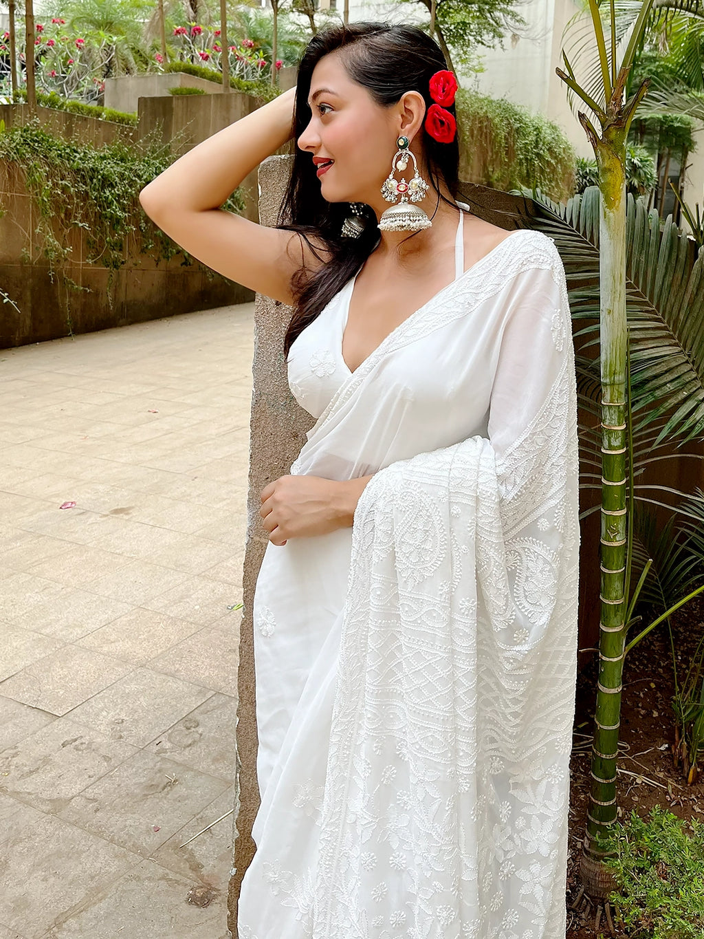 White Chandni Viscose Chikankari Embroidered Saree