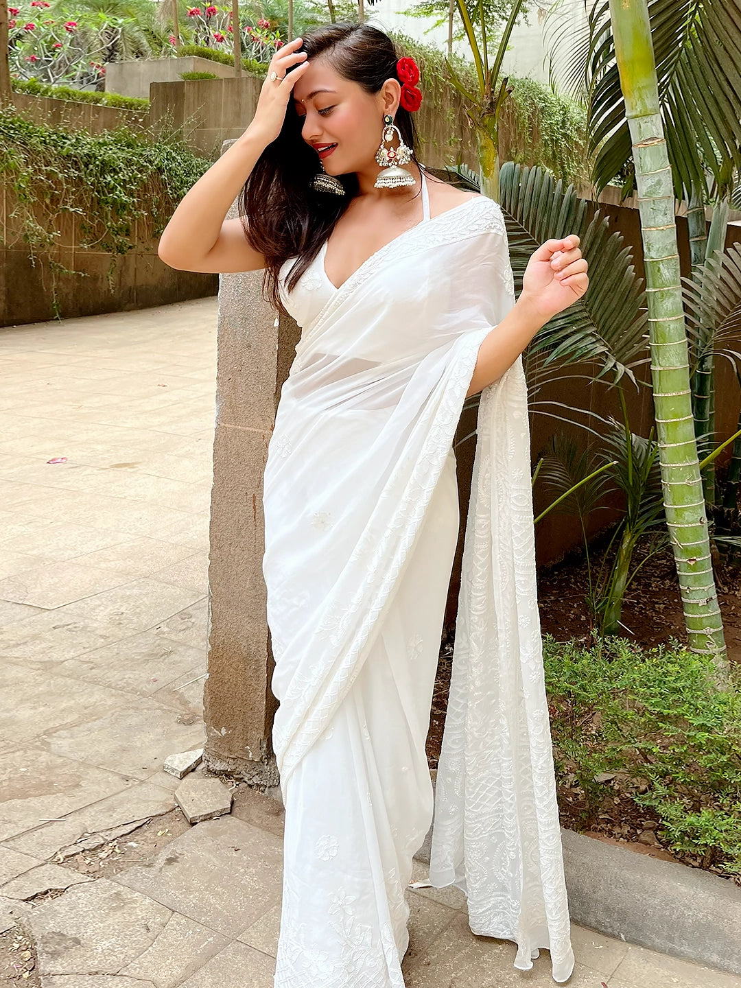 White Chandni Viscose Chikankari Embroidered Saree