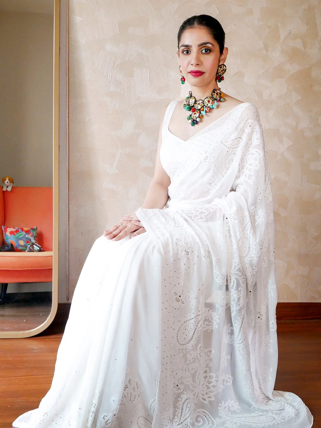 White Heer Viscose Chikankari Embroidered Saree