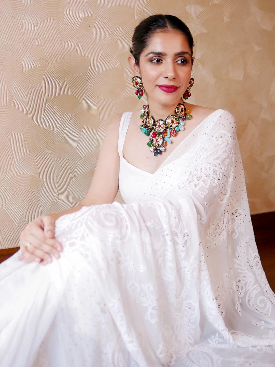 White Heer Viscose Chikankari Embroidered Saree