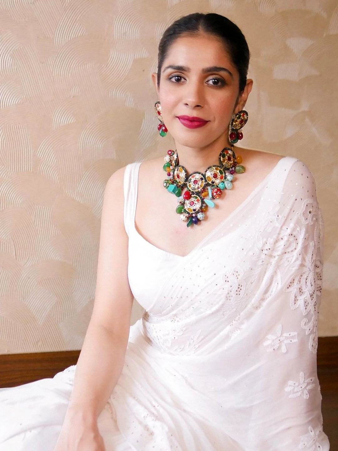 White Heer Viscose Chikankari Embroidered Saree