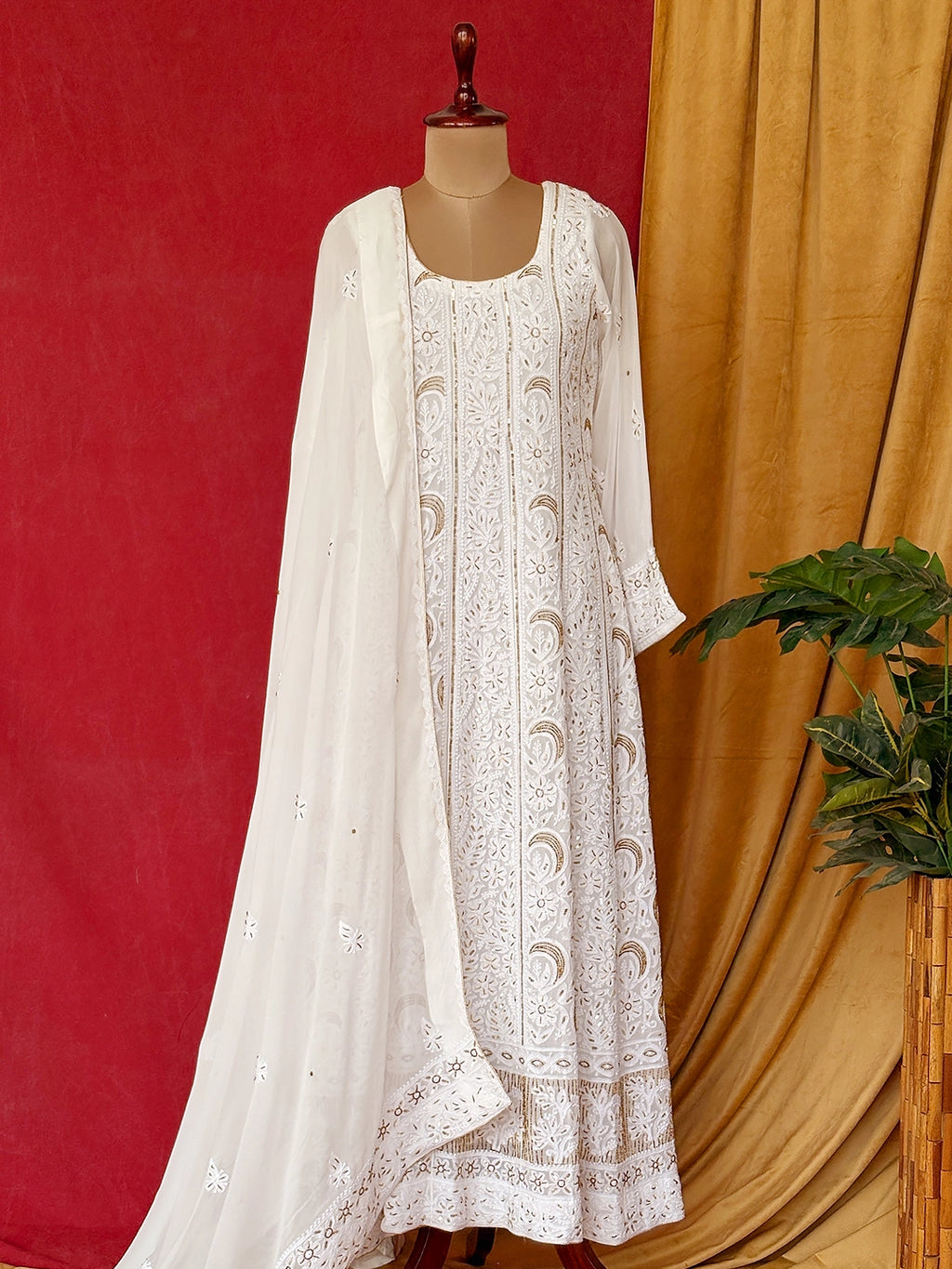 White Hrida Viscose Chikankari Anarkali with Dupatta