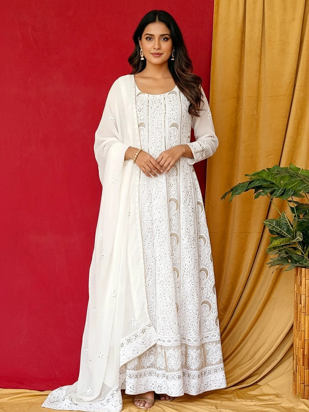 White Hrida Viscose Chikankari Anarkali with Dupatta