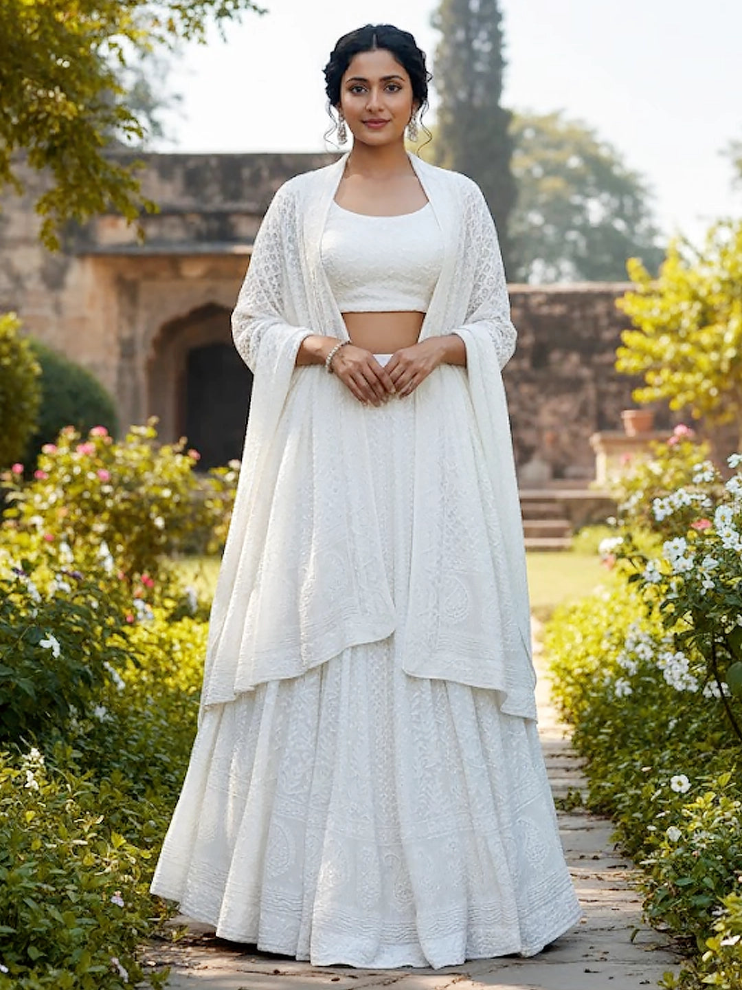 White Adhyaya Viscose Chikankari Lehenga Set with Pearl & Cut-Dana Work
