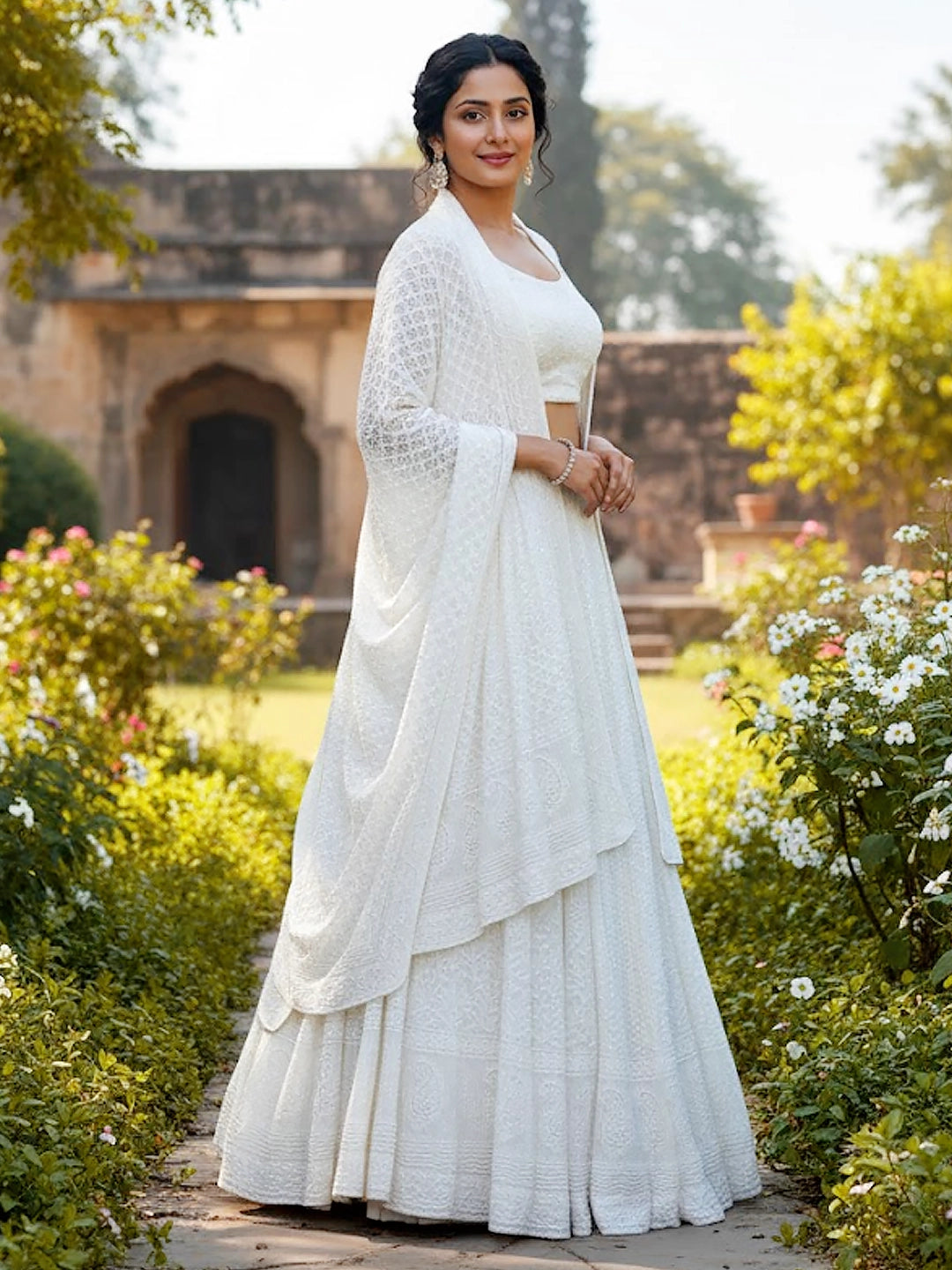 White Adhyaya Viscose Chikankari Lehenga Set with Pearl & Cut-Dana Work