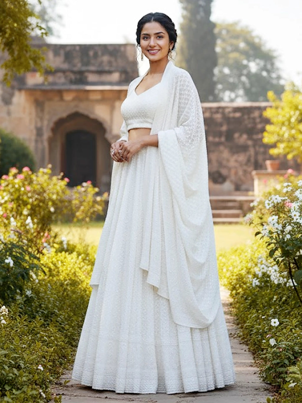 White Adhyaya Viscose Chikankari Lehenga Set with Pearl & Cut-Dana Work