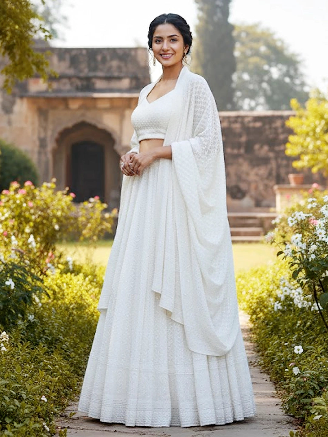 White Adhyaya Viscose Chikankari Lehenga Set with Pearl & Cut-Dana Work