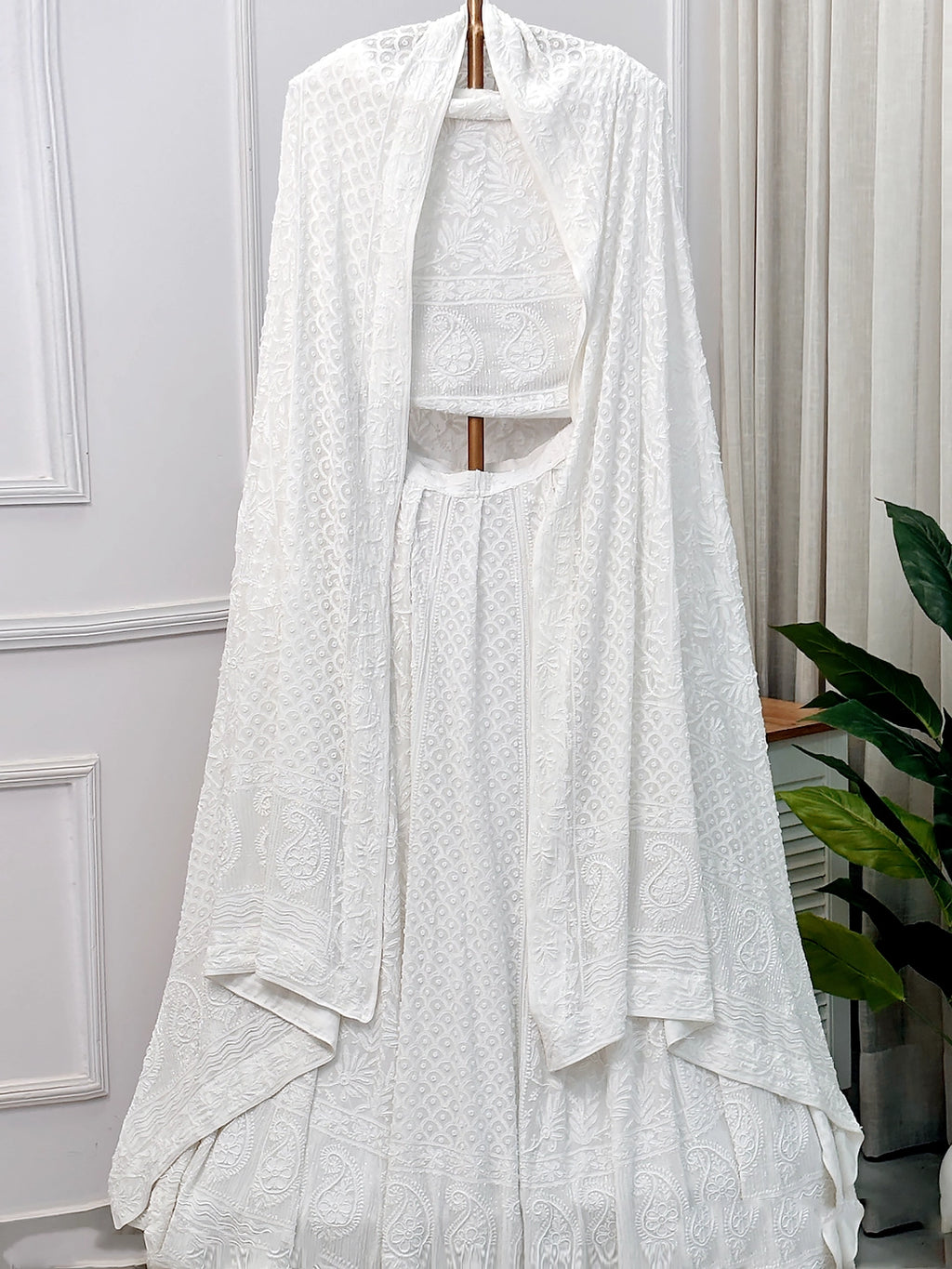 White Adhyaya Viscose Chikankari Lehenga Set with Pearl & Cut-Dana Work