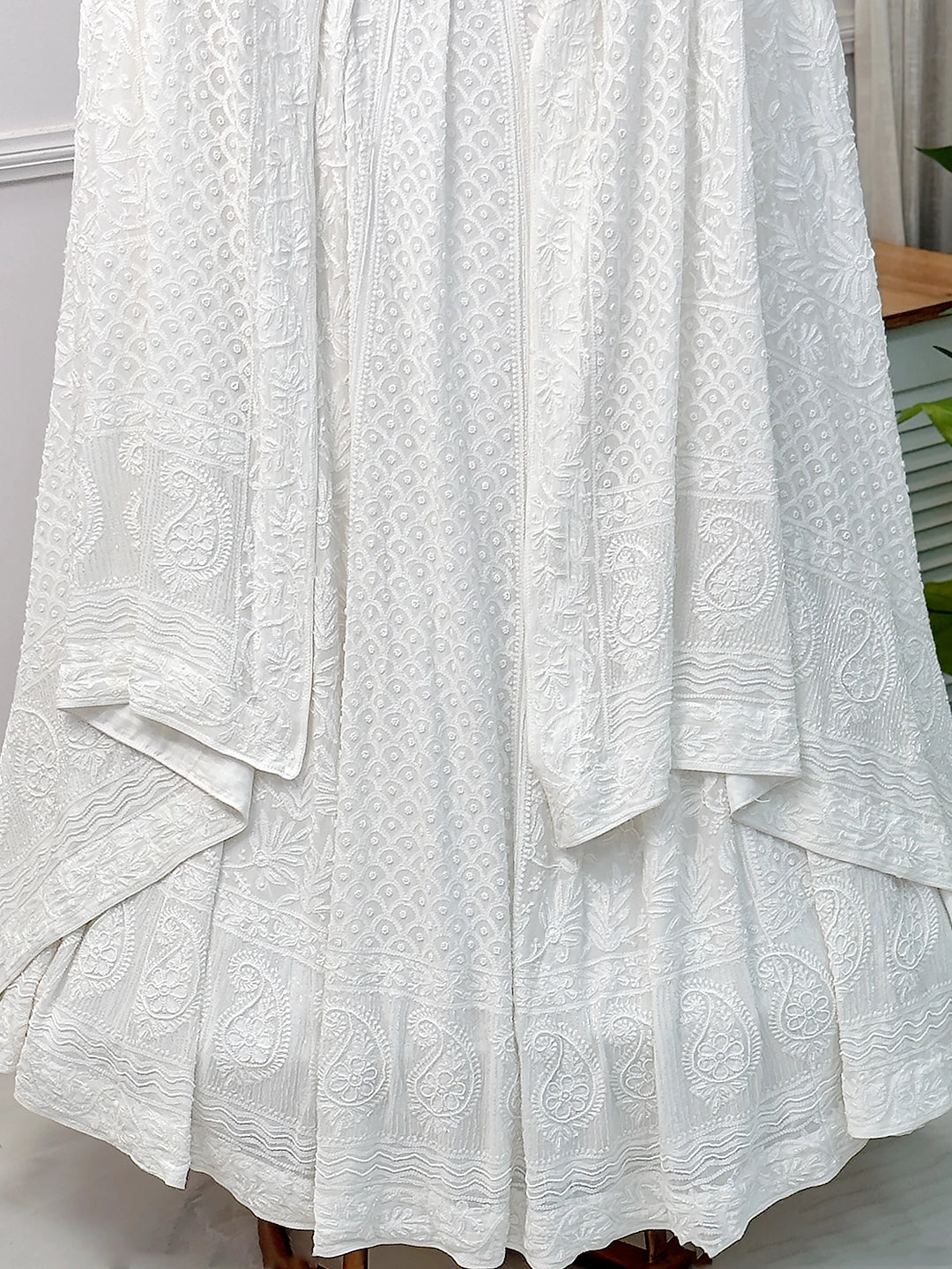 White Adhyaya Viscose Chikankari Lehenga Set with Pearl & Cut-Dana Work