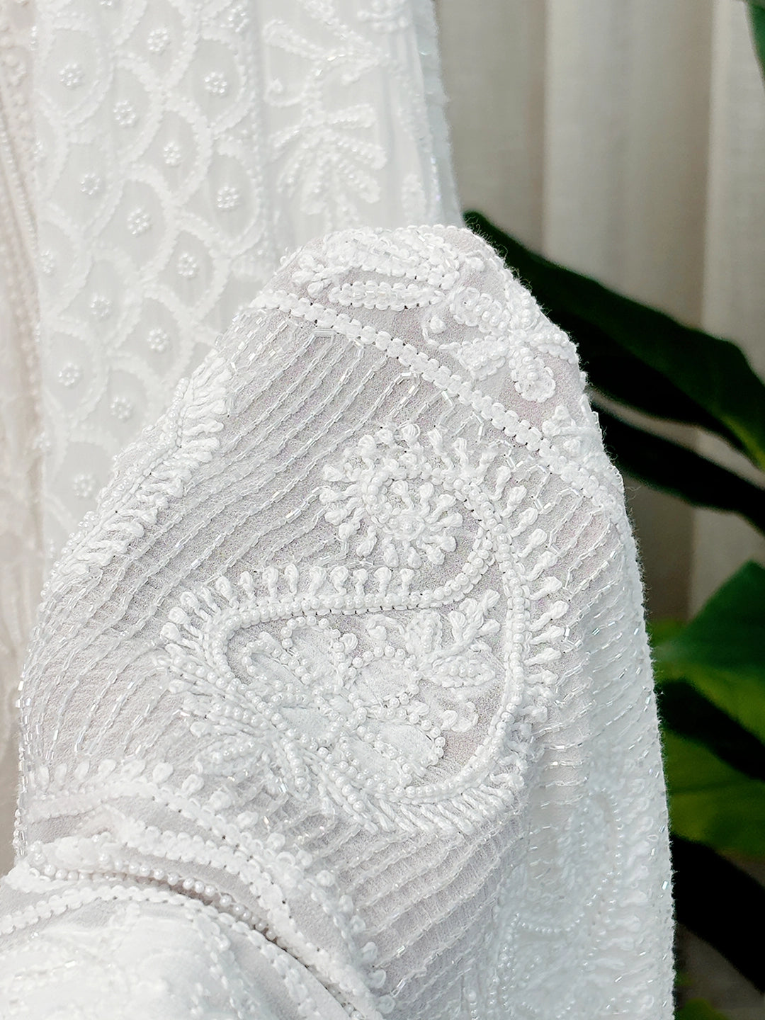 White Adhyaya Viscose Chikankari Lehenga Set with Pearl & Cut-Dana Work