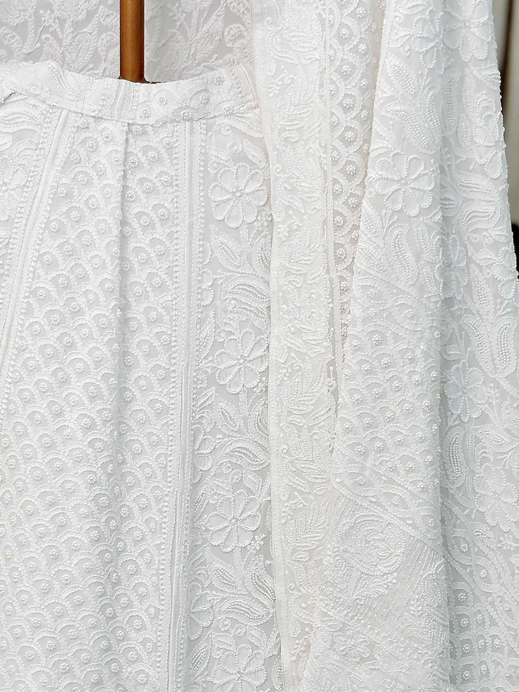 White Adhyaya Viscose Chikankari Lehenga Set with Pearl & Cut-Dana Work
