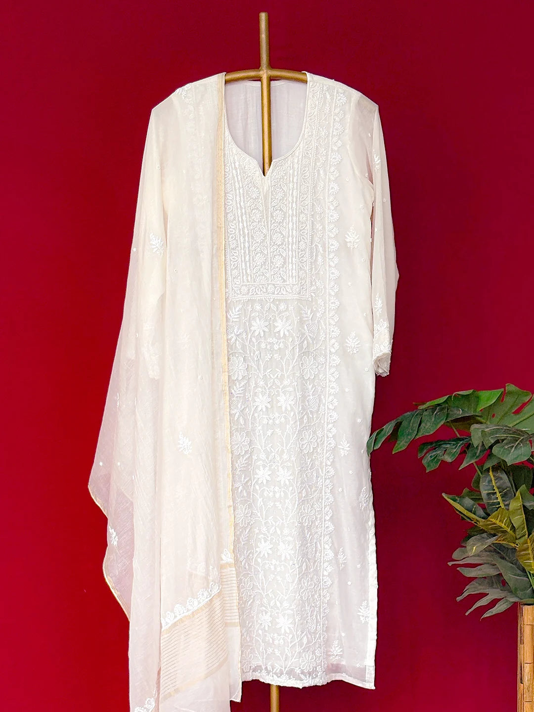 White Mul Chanderi Chikankari Straight Kurta With Dupatta