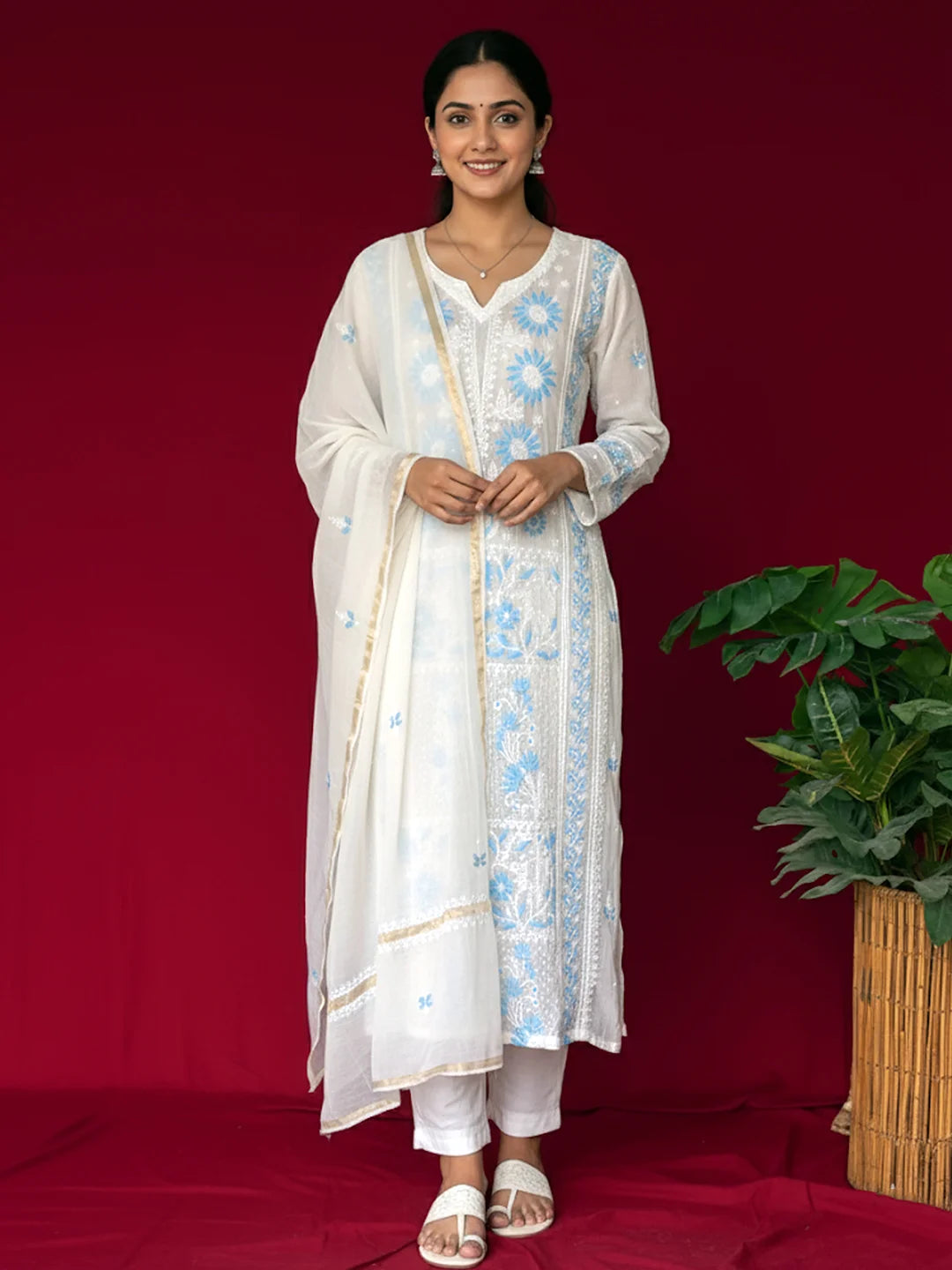 White Mul Chanderi Chikankari Straight Kurta With Dupatta