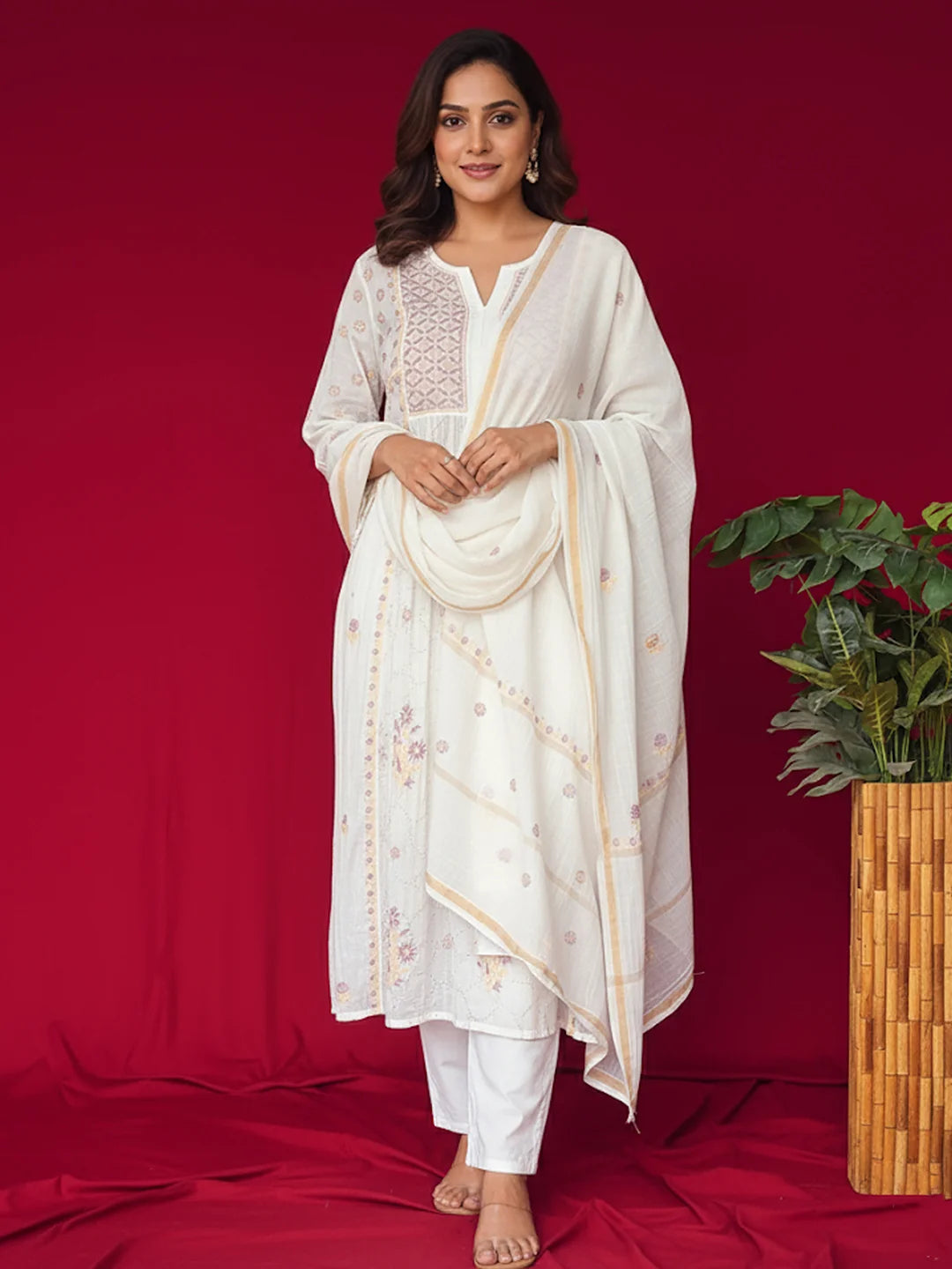 White Mul Chanderi Chikankari Straight Kurta With Dupatta