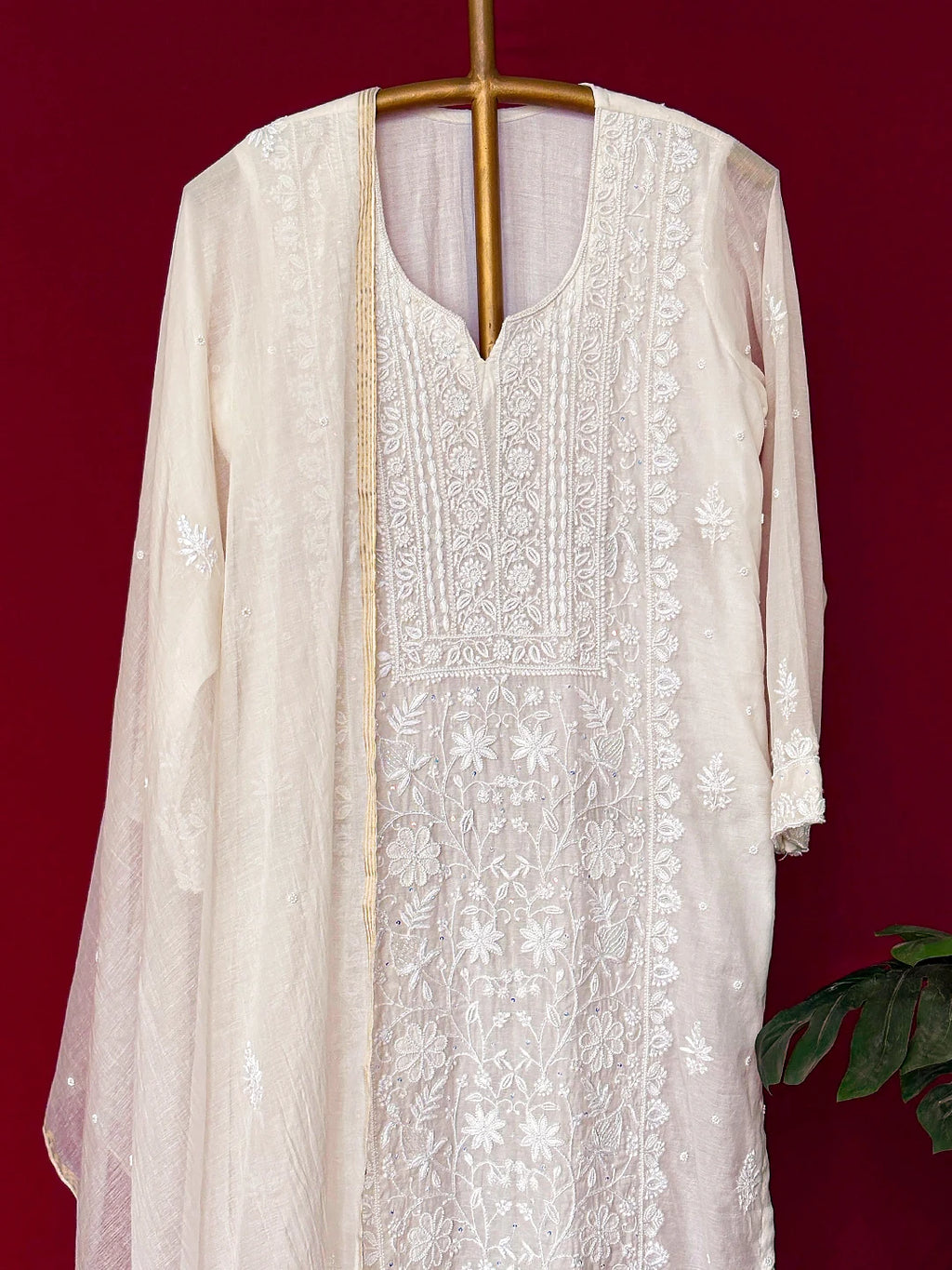 White Mul Chanderi Chikankari Straight Kurta With Dupatta