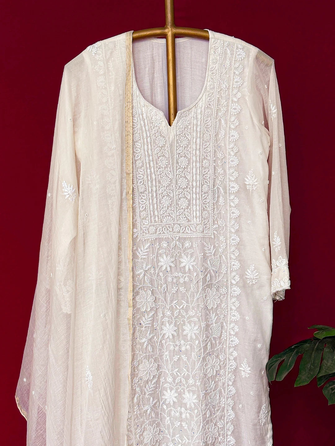 White Mul Chanderi Chikankari Straight Kurta With Dupatta
