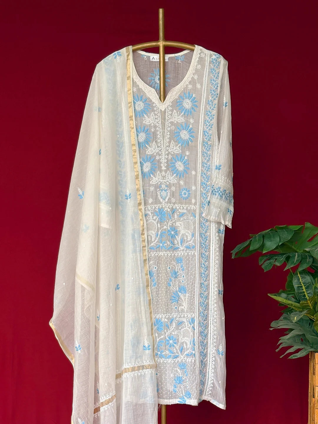 White Mul Chanderi Chikankari Straight Kurta With Dupatta