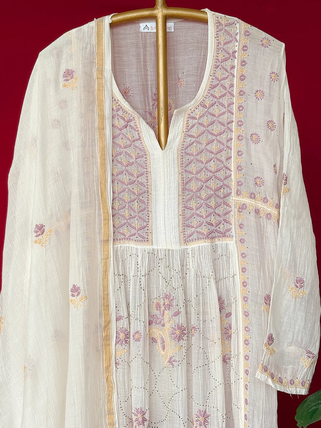 White Mul Chanderi Chikankari Straight Kurta With Dupatta
