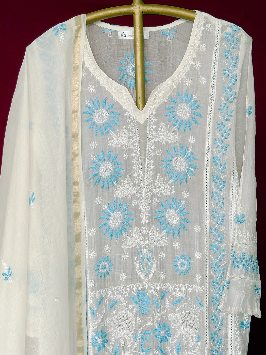 White Mul Chanderi Chikankari Straight Kurta With Dupatta