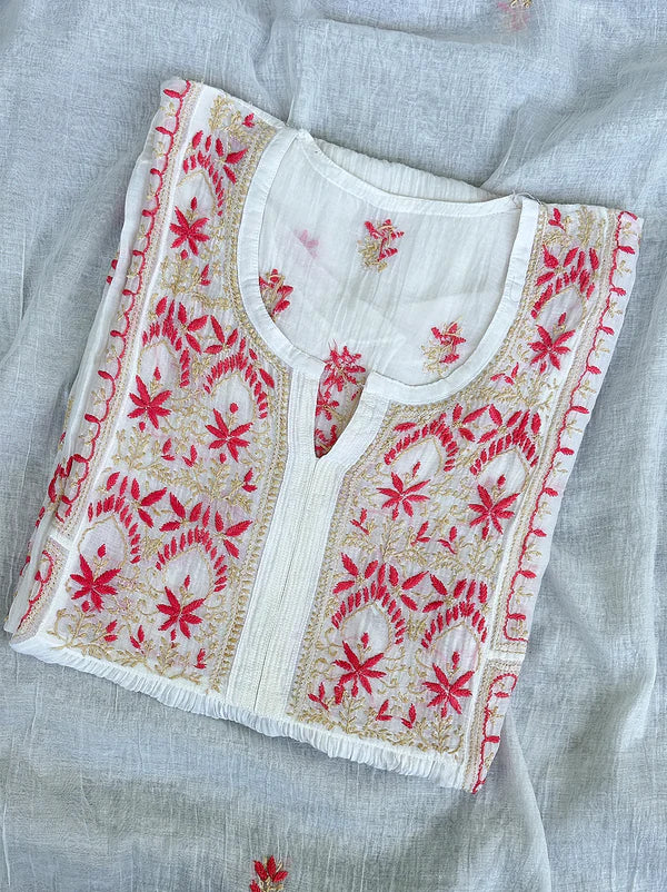 Sahiba Mul Chanderi Chikankari Kurti Piece with Dupatta - Peach