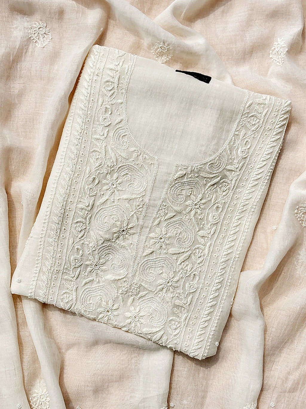 White Mul Chanderi Chikankari Un-stitched Kurti Piece with Dupatta
