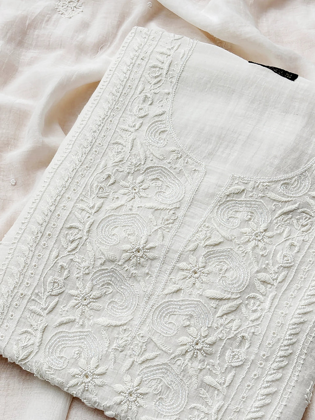 White Mul Chanderi Chikankari Un-stitched Kurti Piece with Dupatta