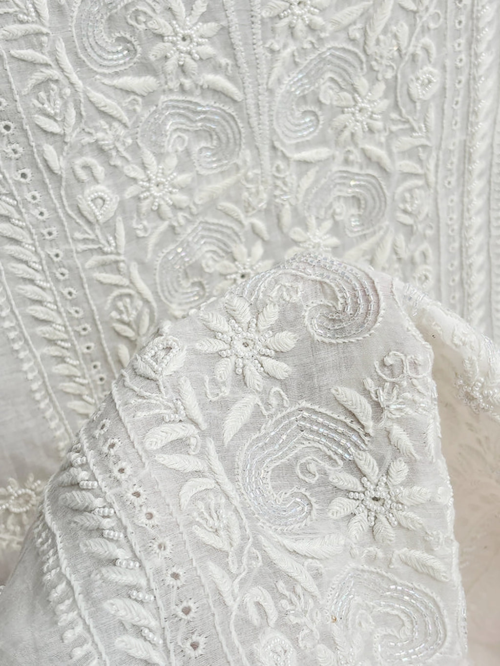 White Mul Chanderi Chikankari Un-stitched Kurti Piece with Dupatta