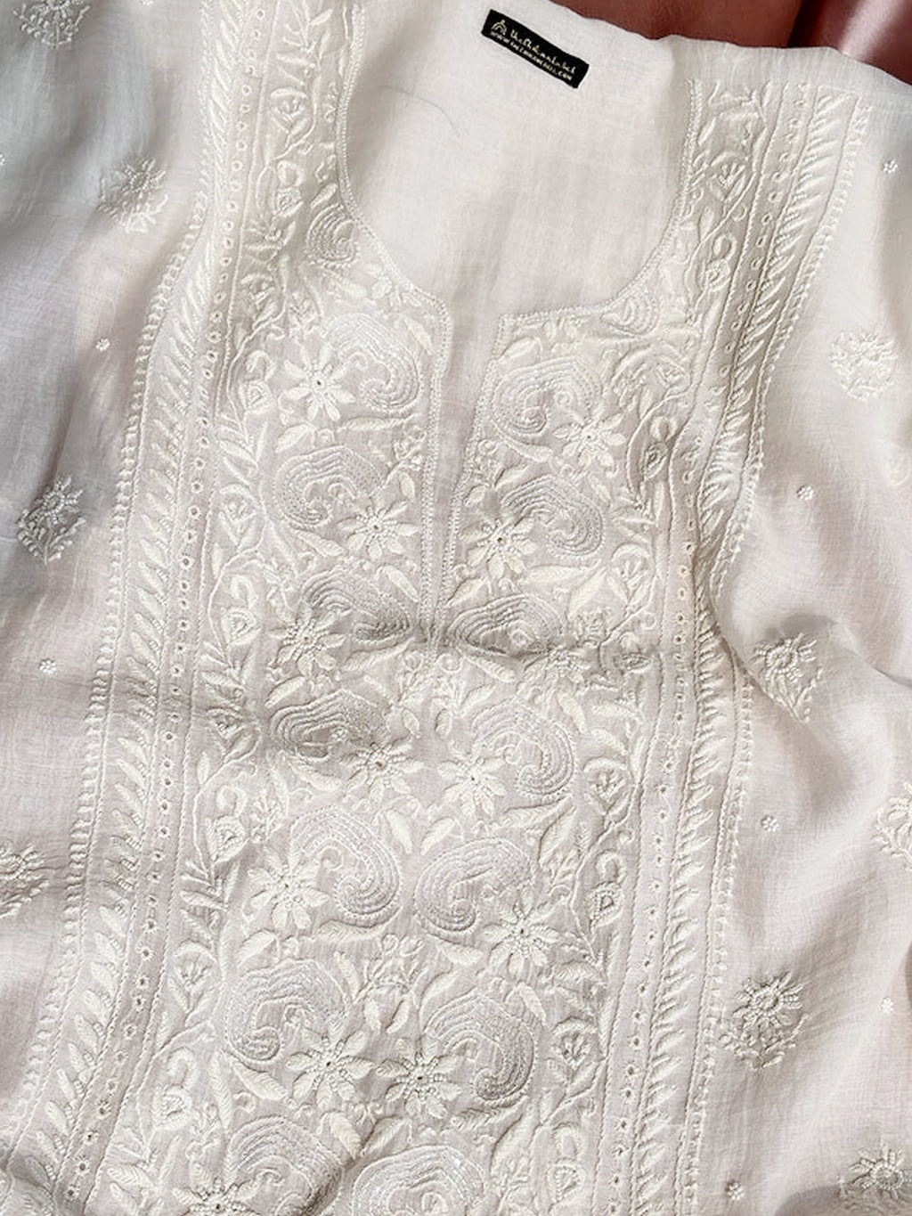 White Mul Chanderi Chikankari Un-stitched Kurti Piece with Dupatta