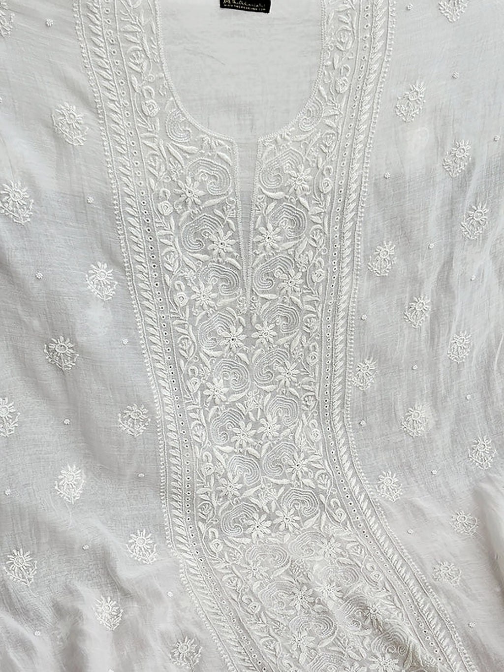 White Mul Chanderi Chikankari Un-stitched Kurti Piece with Dupatta