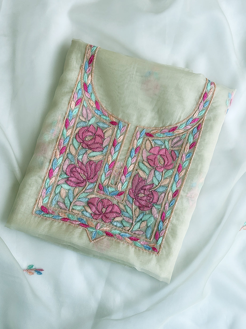 White Multi Organza Chikankari Un-Stitched Kurti Piece