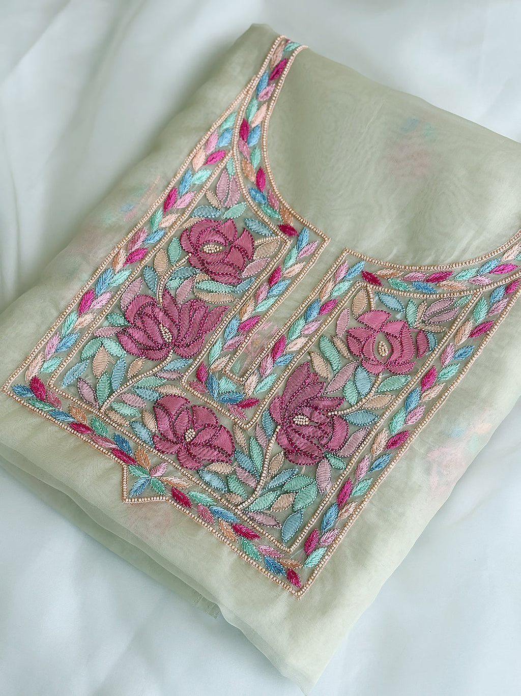 White Multi Organza Chikankari Un-Stitched Kurti Piece