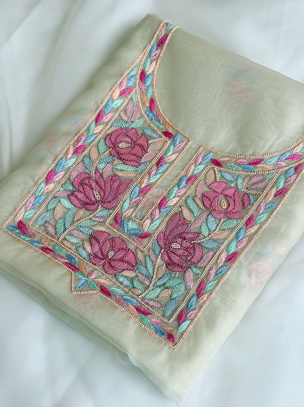 White Multi Organza Chikankari Un-Stitched Kurti Piece