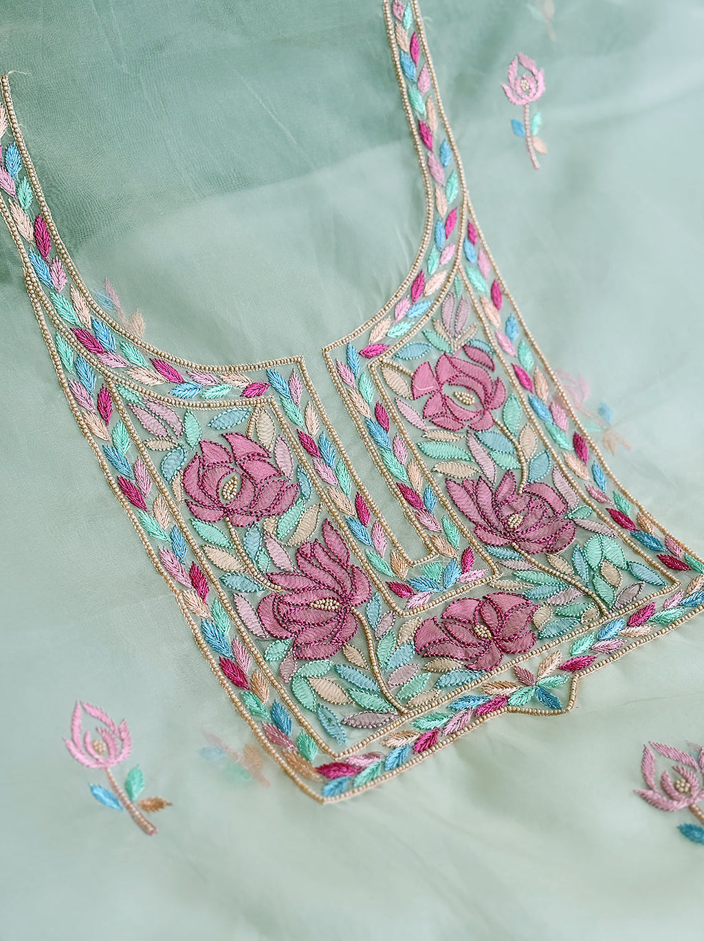 White Multi Organza Chikankari Un-Stitched Kurti Piece