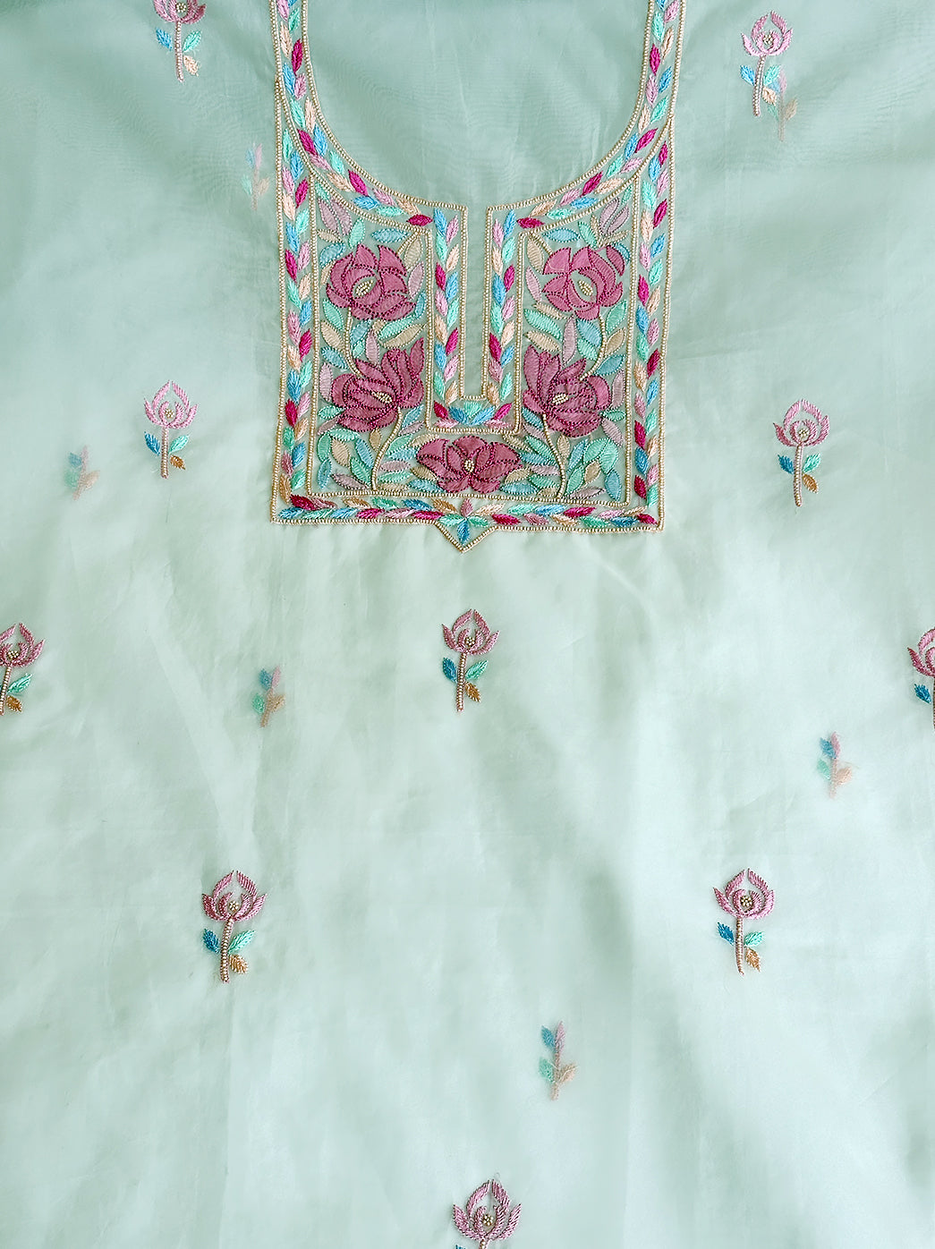 White Multi Organza Chikankari Un-Stitched Kurti Piece