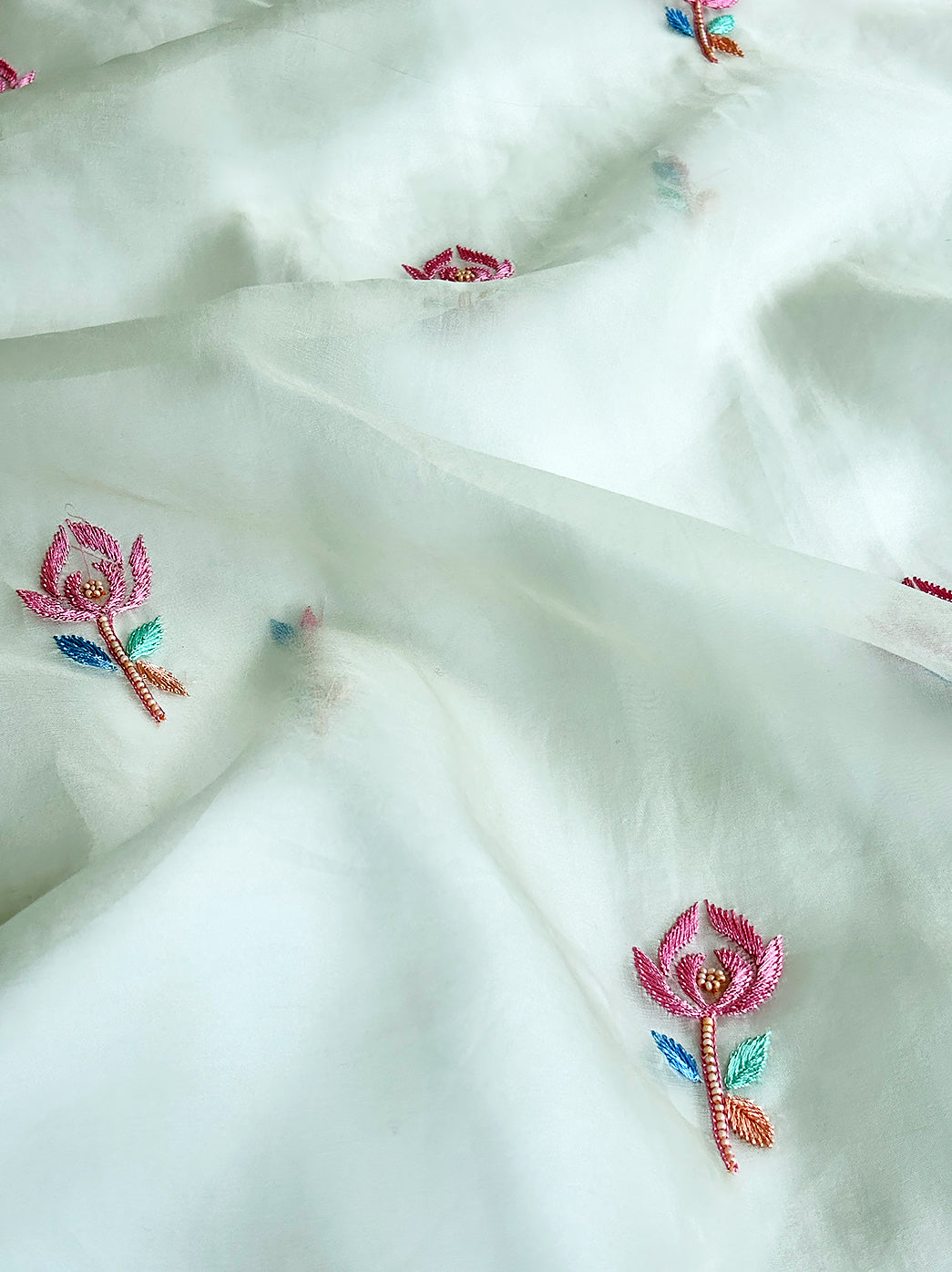 White Multi Organza Chikankari Un-Stitched Kurti Piece