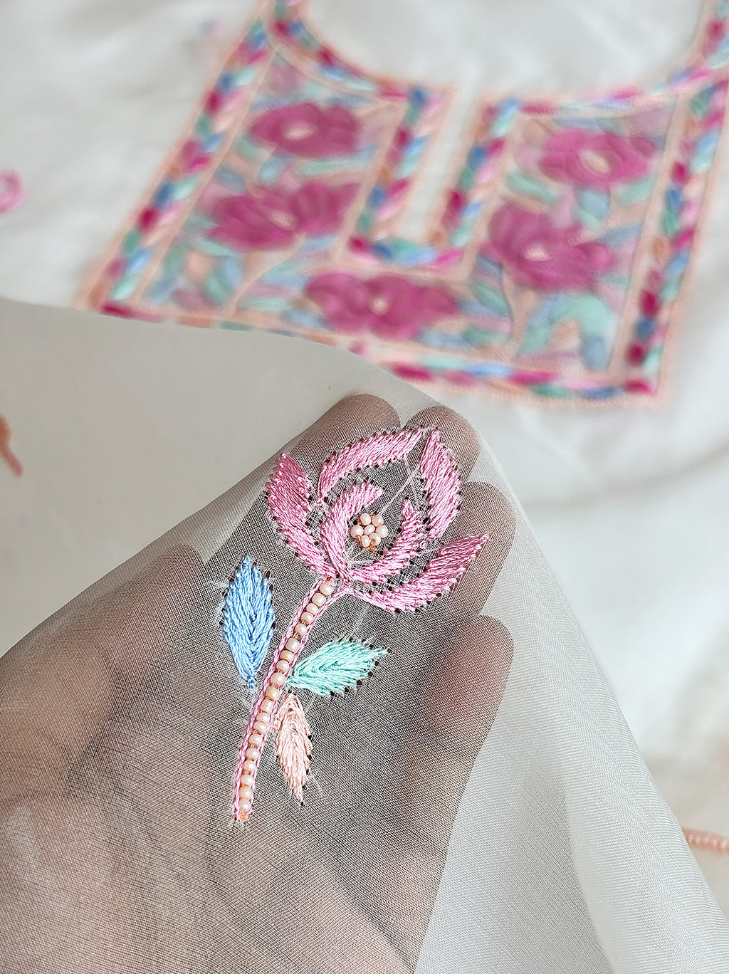 White Multi Organza Chikankari Un-Stitched Kurti Piece