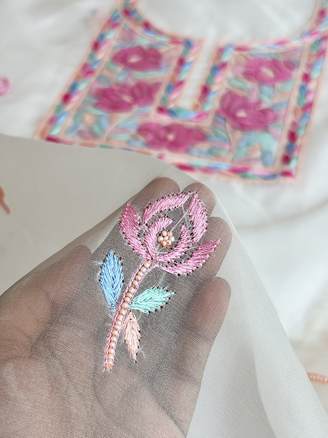 White Multi Organza Chikankari Un-Stitched Kurti Piece